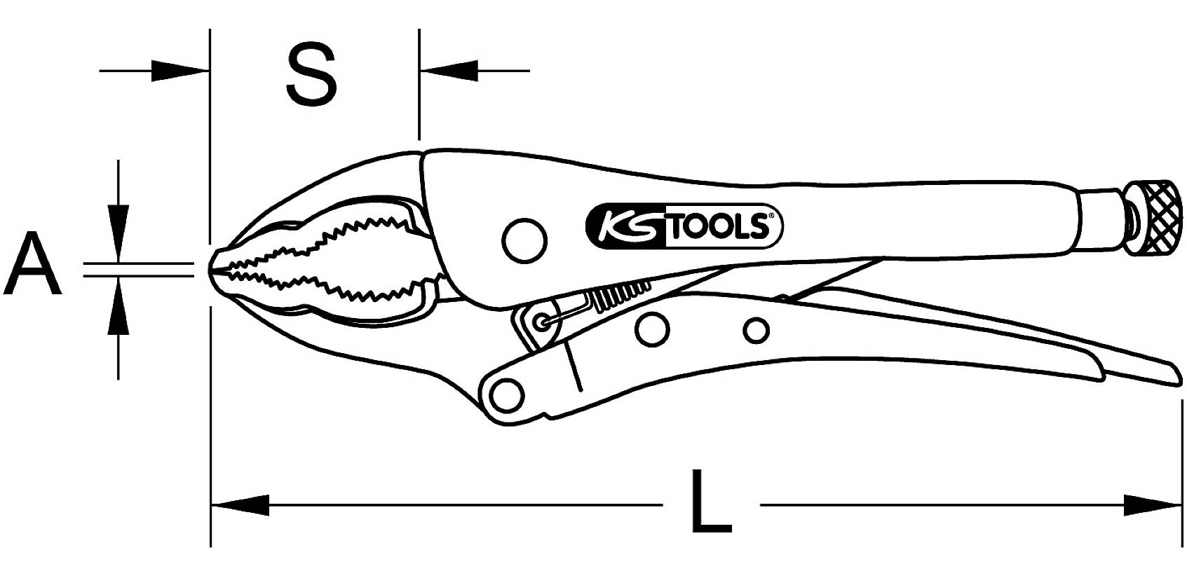 Morsetto 'KS Tools' con indicazione delle misure: A (apertura mascelle), S (larghezza di serraggio), L (lunghezza). Mostra forma e funzionalità.