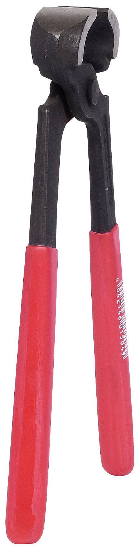 Una pinza con impugnature rosse utilizzata per tagliare cavi. È realizzata in metallo e ha una struttura robusta.