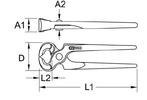 Disegno a mano di una pinza regolabile con indicazione delle misure: A1, A2, L1, L2, e D. Scritta sullo strumento 'KS TOOLS'.