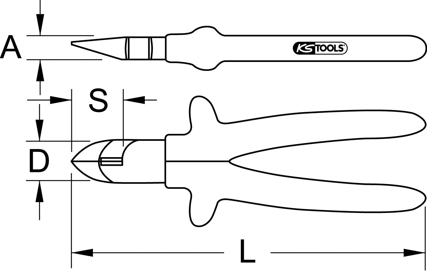 Disegno di un tronchese da una vista dall'alto e laterale. Marcature per lunghezza (L), distanza tra le lame (S) e taglio (D).