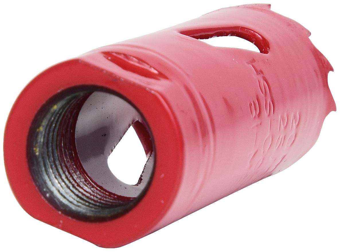 Un inserimento per trapano rosso con bordo sfrangiato e un foro esagonale al centro. Utilizzato per lavori di foratura.