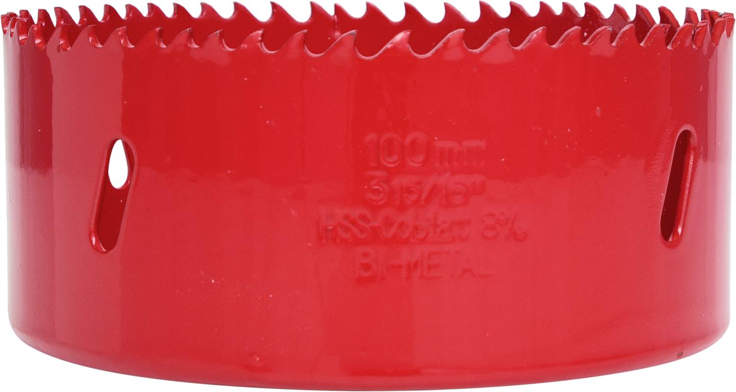 Lama per sega a tazza rossa con denti affilati, con etichetta '100mm 3 7/8"'. Idonea per forare grandi fori in legno o metallo.