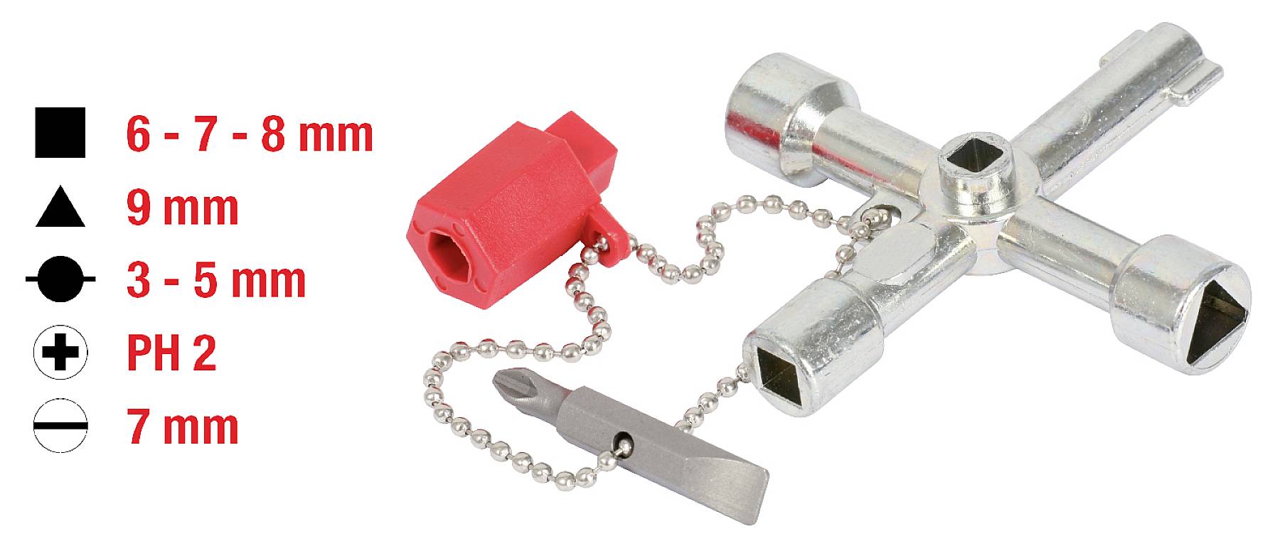 Una chiave universale in argento con quattro diverse inserte. Presente un riduttore e fessure PH2, il supporto per catena contiene un adattatore rosso.