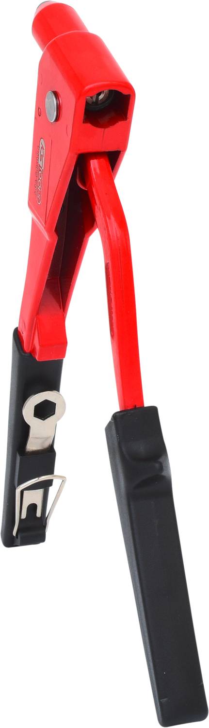 Una pinza per rivetti rossa in metallo con impugnatura nera. Viene utilizzata nelle costruzioni per fissare rivetti nei materiali.