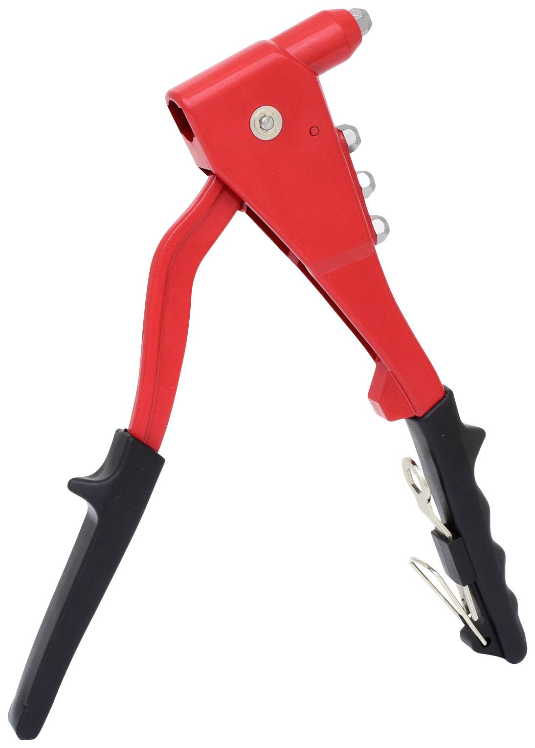 Pinza per rivetti manuale di colore rosso con impugnature nere, utilizzata per fissare rivetti in materiali come metallo o plastica.