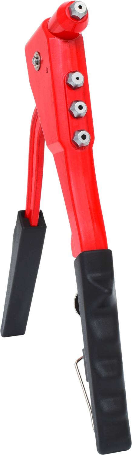 Pinza per rivetti rossa con impugnatura nera, con tre punte intercambiabili visibili sul lato. Utilizzata per collegare materiali tramite rivettatura.