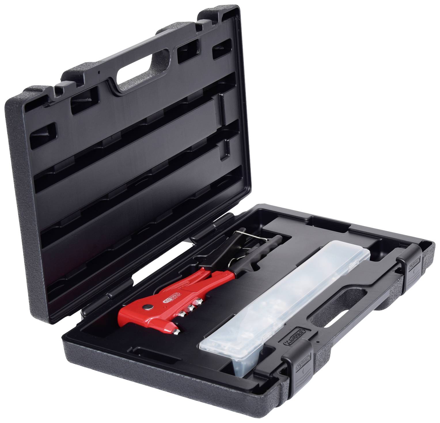 Cassetta degli attrezzi nera aperta con pinza per rivetti rossa e contenitore trasparente per accessori.