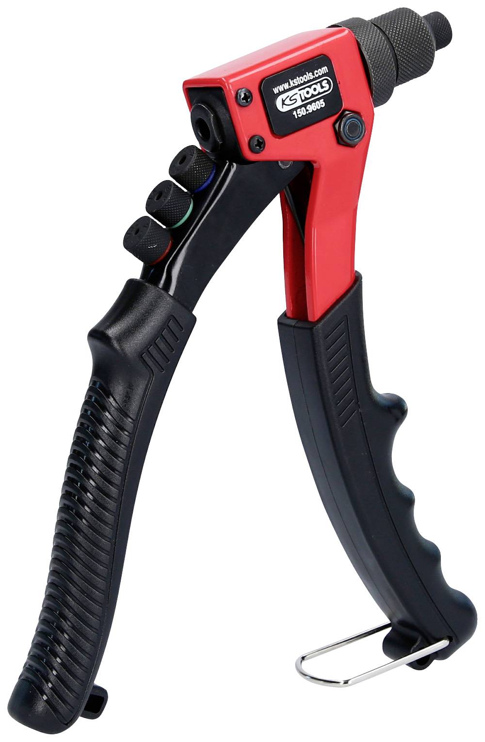 Pinza per rivetti a mano di colore rosso con impugnatura nera, adatta per lavori metallici e artigianali. Include punte intercambiabili.