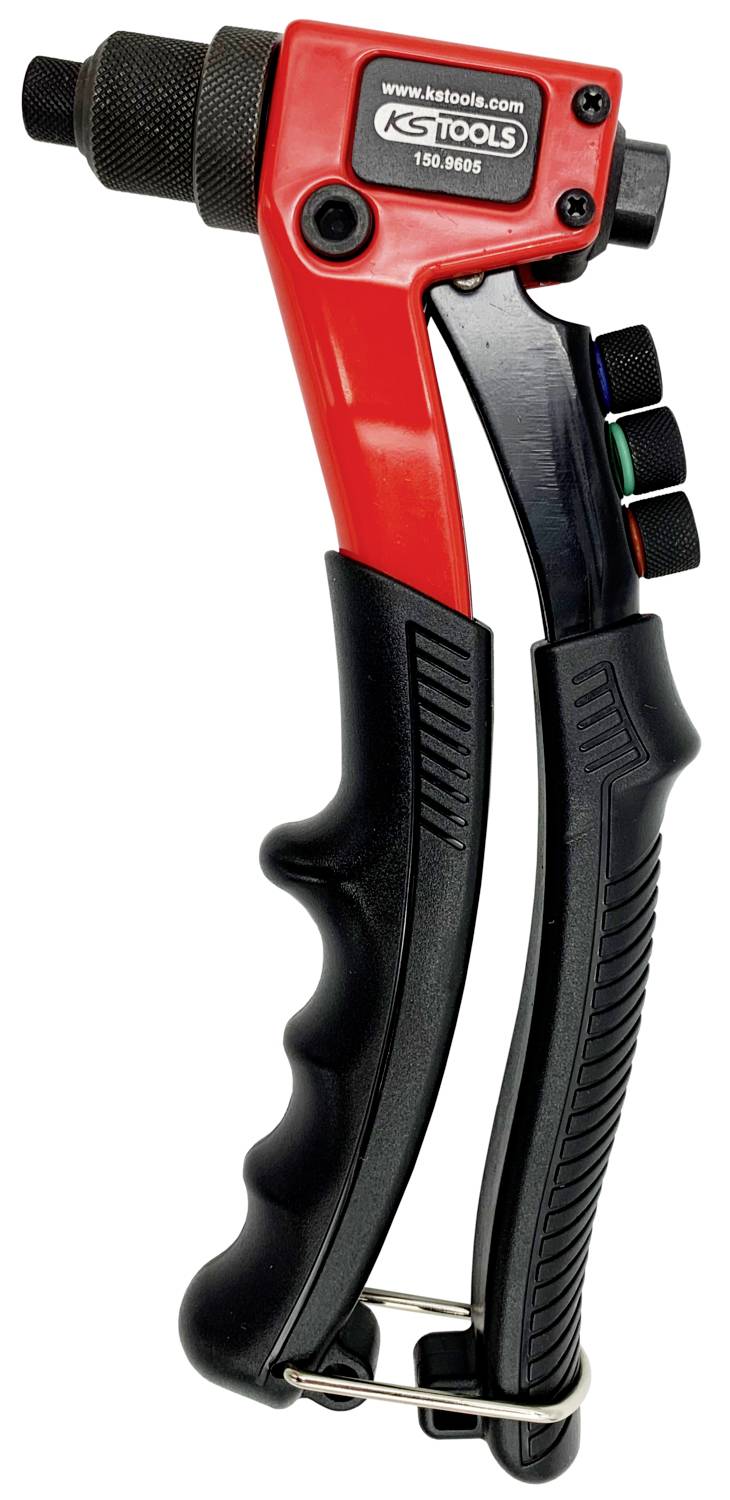Pinza per rivetti con impugnatura rossa e nera, nome del marchio in alto. Utilizzata per fissare rivetti nei materiali.