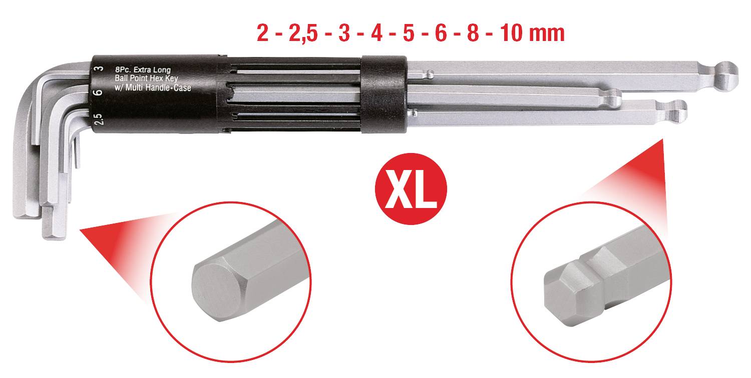 Set di nove chiavi esagonali lunghe con misure da 2 a 10 mm, con punte sferiche, viste dettagliate in evidenza.
