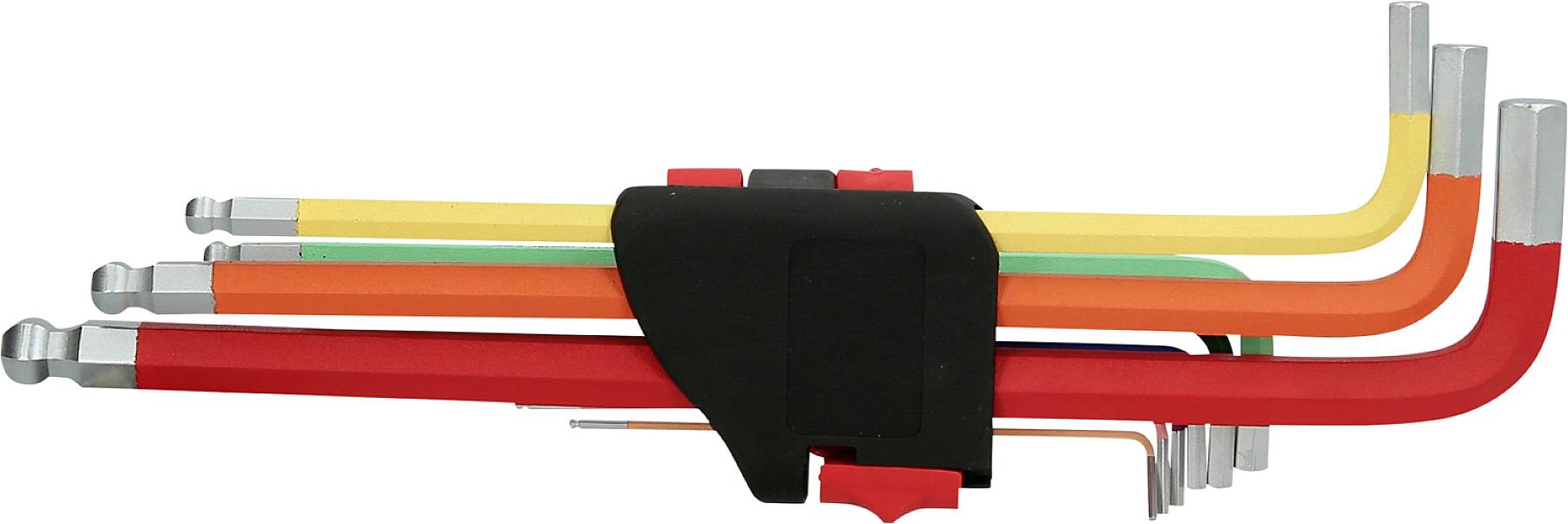 Un set di chiavi a brugola colorate a forma di L in un supporto nero, ordinate per dimensione.