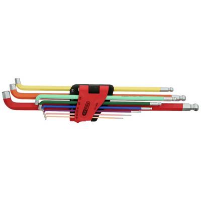 Un set di nove chiavi inglesi di colori diversi in un supporto rosso, ordinate per dimensione.