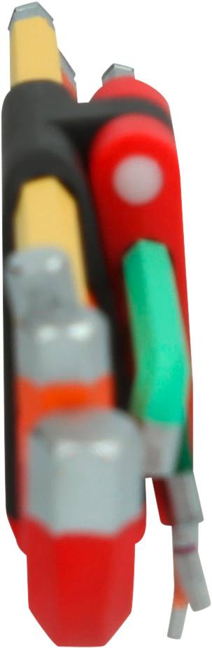 Coltellino svizzero multicolore visto di lato, chiuso, con strati di utensili visibili e impugnatura in rosso, nero e verde.