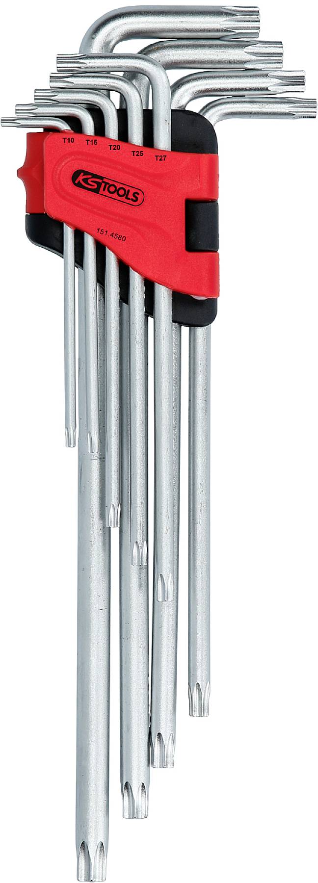Un set di chiavi Torx di diverse dimensioni, disposte in un supporto rosso.