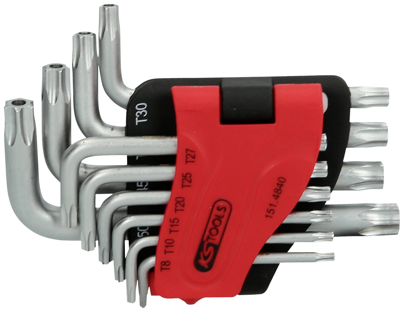 Un set di nove chiavi a brugola Torx di diverse dimensioni è disposto in un supporto rosso.