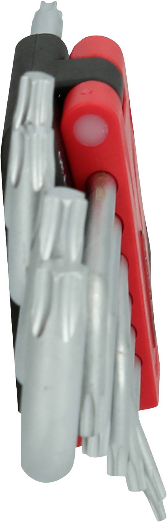 Un utensile multiuso rosso con diversi cacciaviti estraibili.