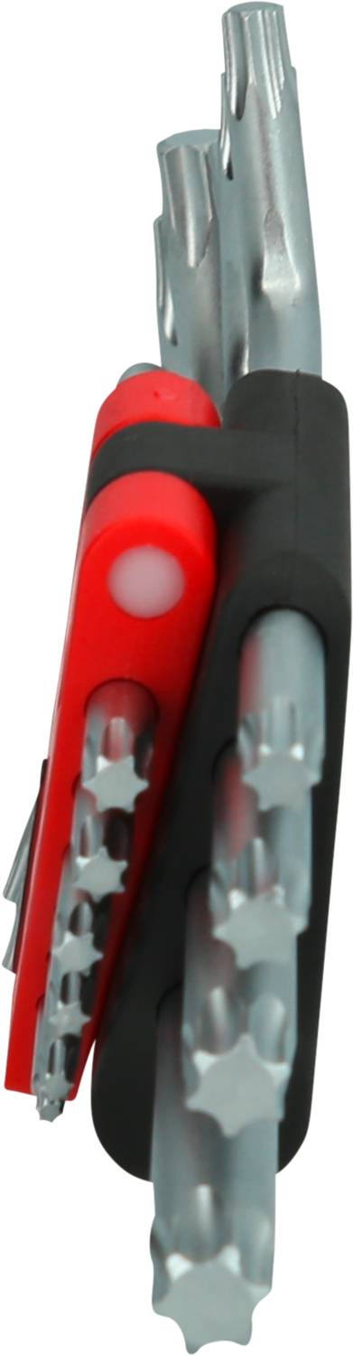 Un multitool rosso pieghevole con diversi inserti metallici, tra cui punte per cacciavite e chiavi esagonali.