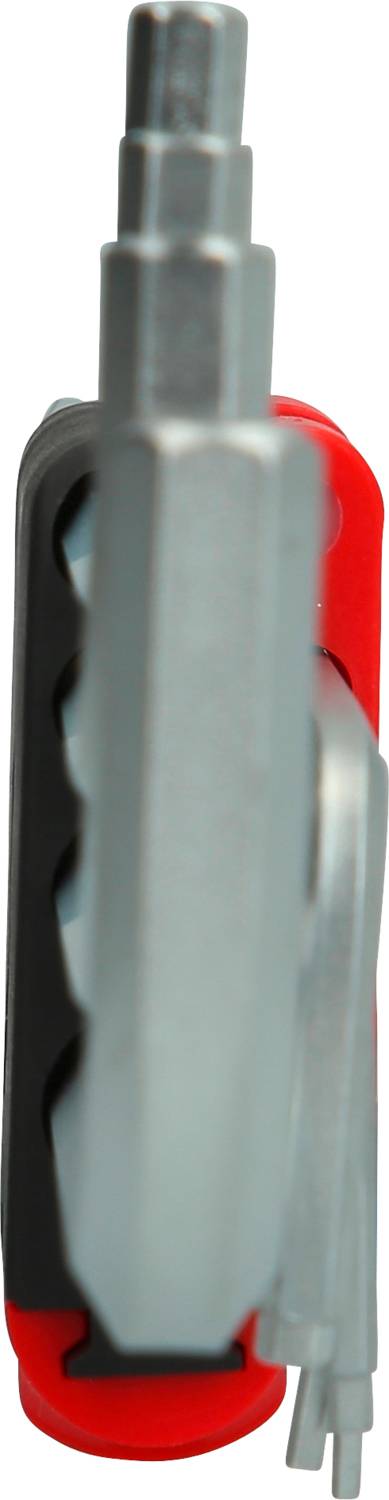 Multiutensile grigio con accenti rossi, vista laterale. Mostra diversi inserti degli attrezzi, tra cui cacciaviti e altri accessori.