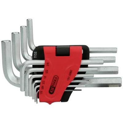 Un set di chiavi esagonali di diverse dimensioni, trattenute da un supporto rosso in plastica con base nera.