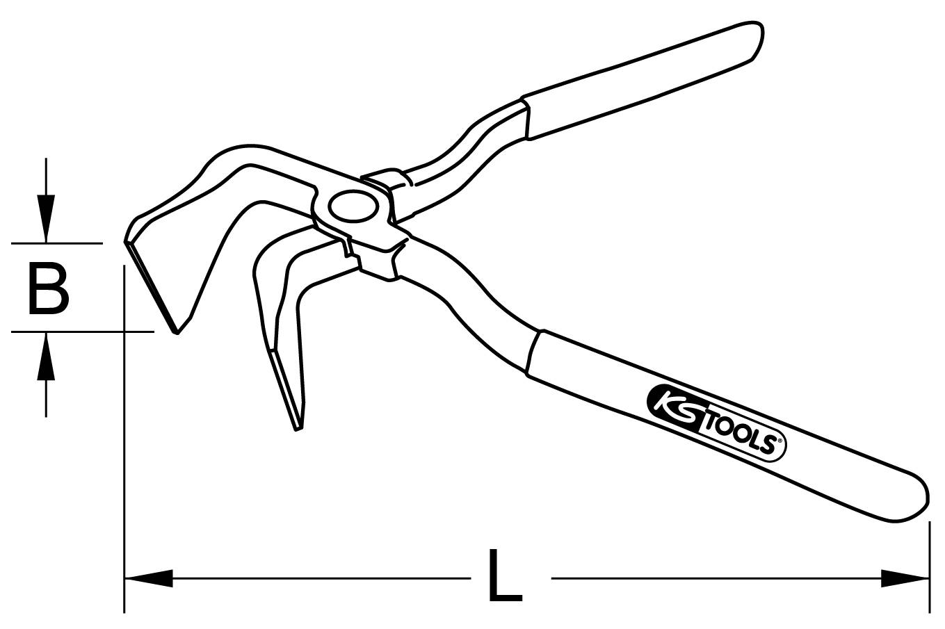 'Rappresentazione di una pinza a becchi di KS Tools con misure L e B. Adatta alla manipolazione di pezzi di lavorazione in officina.'