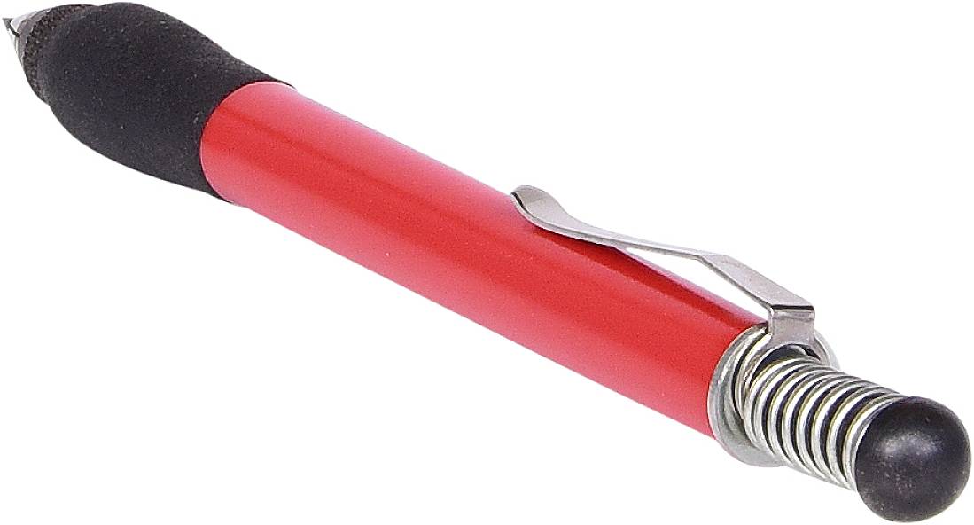 Penna a sfera rossa con clip argentata e punta in gomma nera, con un pennino in metallo; utilizzata per scrivere e fare clic.