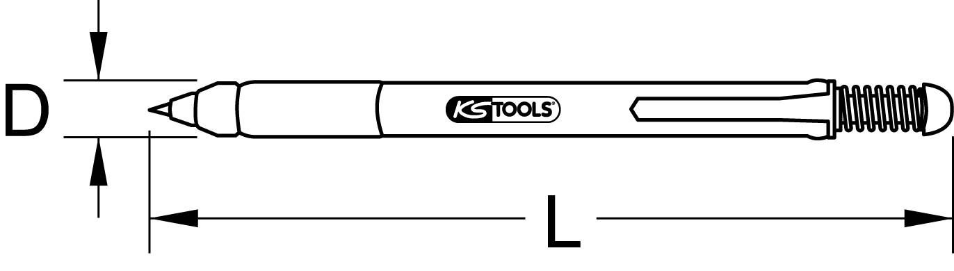 Disegno tecnico di una matita meccanica. A sinistra, la punta è contrassegnata con diametro 'D' e lunghezza 'L'. Logo 'KS TOOLS' al centro.