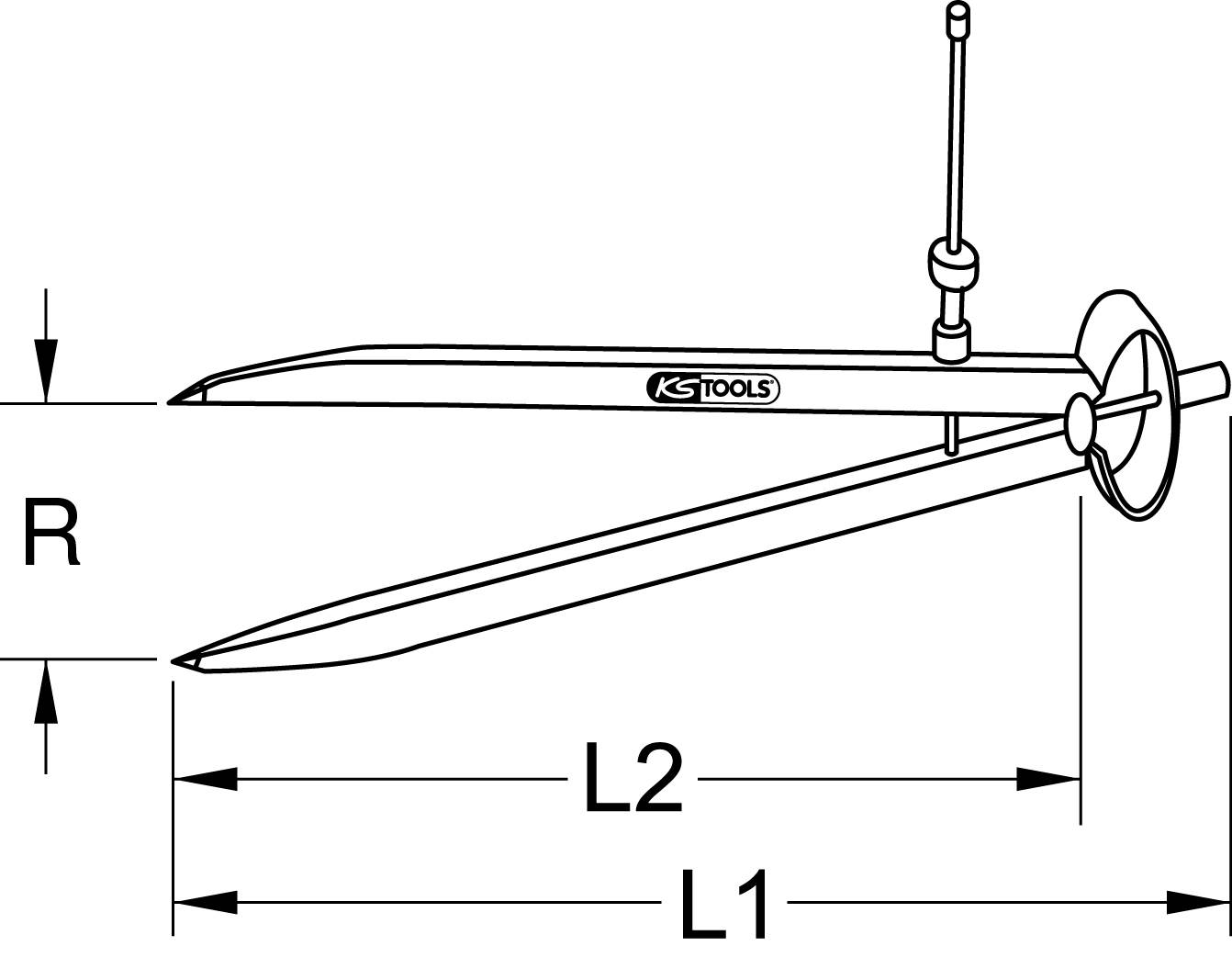 Uno strumento di disegno tecnico misura il raggio 'R' secondo un principio punto-arco. Marcature: L1, L2.