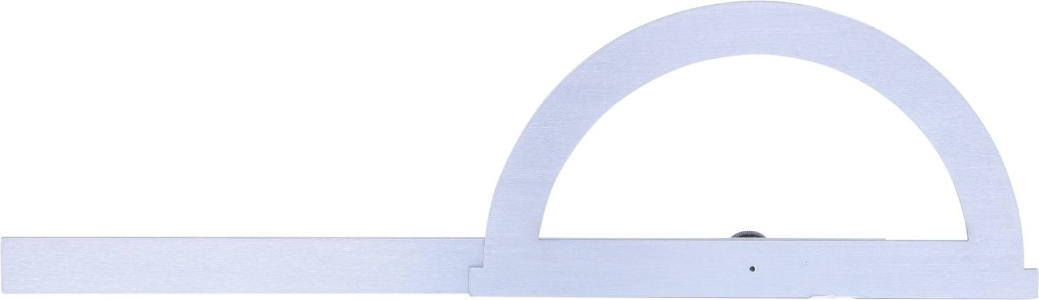 Un goniometro argentato con testa semicircolare e unità di misurazione rettilinea, utilizzato per misurare gli angoli in matematica e tecnica.
