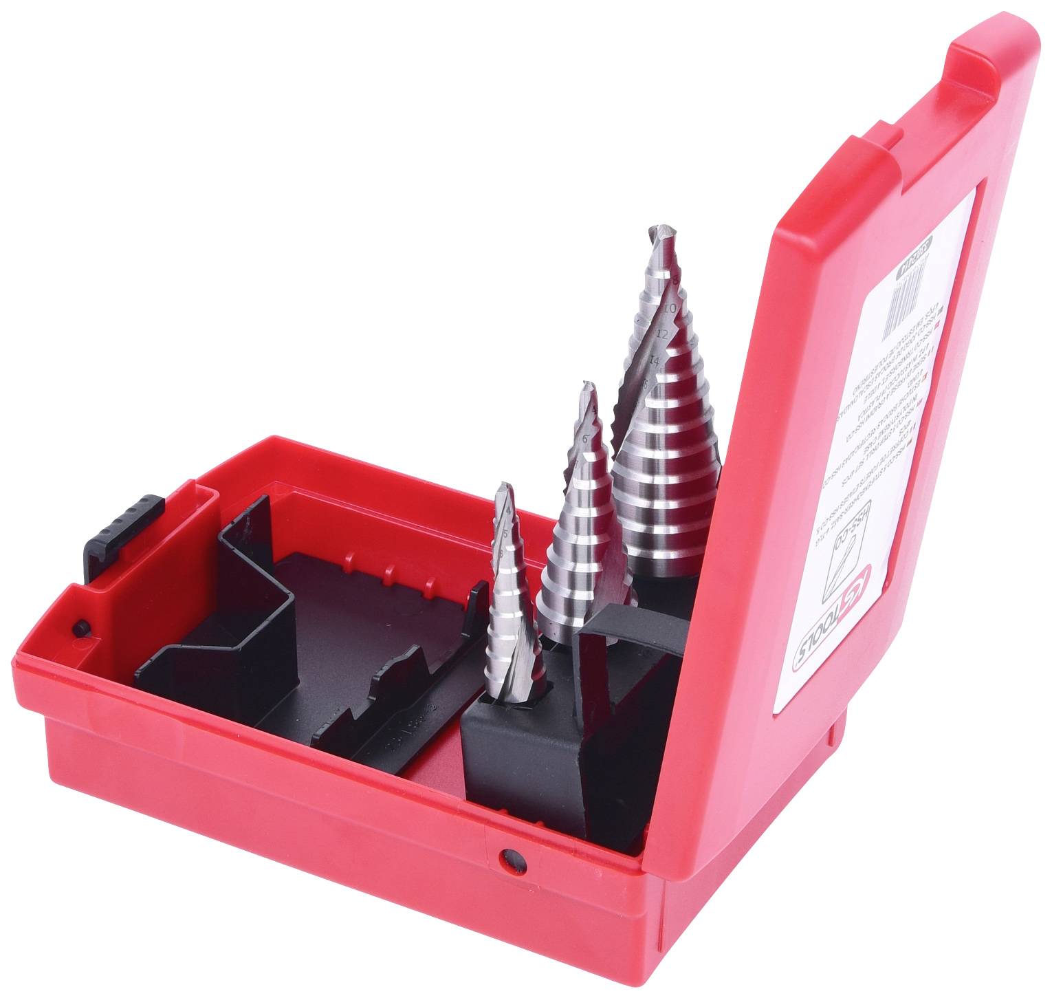 Scatola di plastica rossa con tre punte a cono di diverse dimensioni, poste in supporti neri. Il coperchio della scatola è parzialmente aperto.