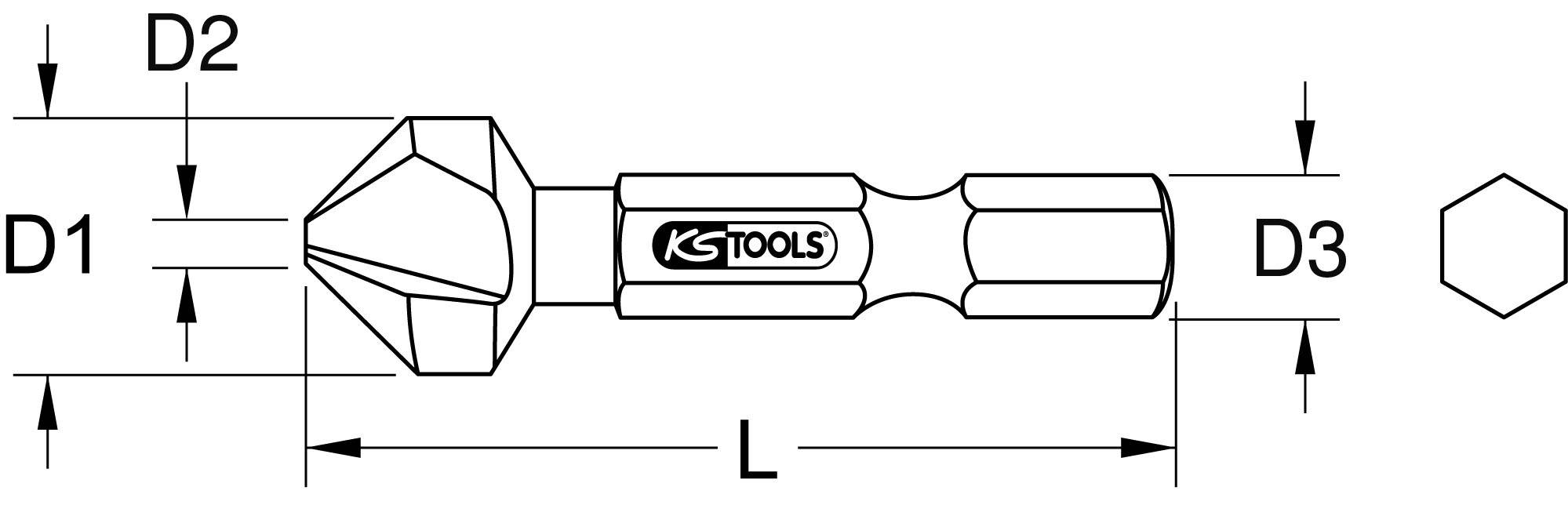'KS TOOLS' Svasatore conico, Misure: Diametro D1=20mm, D2=27mm, D3=11mm, Lunghezza L=45mm. Gambo esagonale per l'utilizzo con trapani.