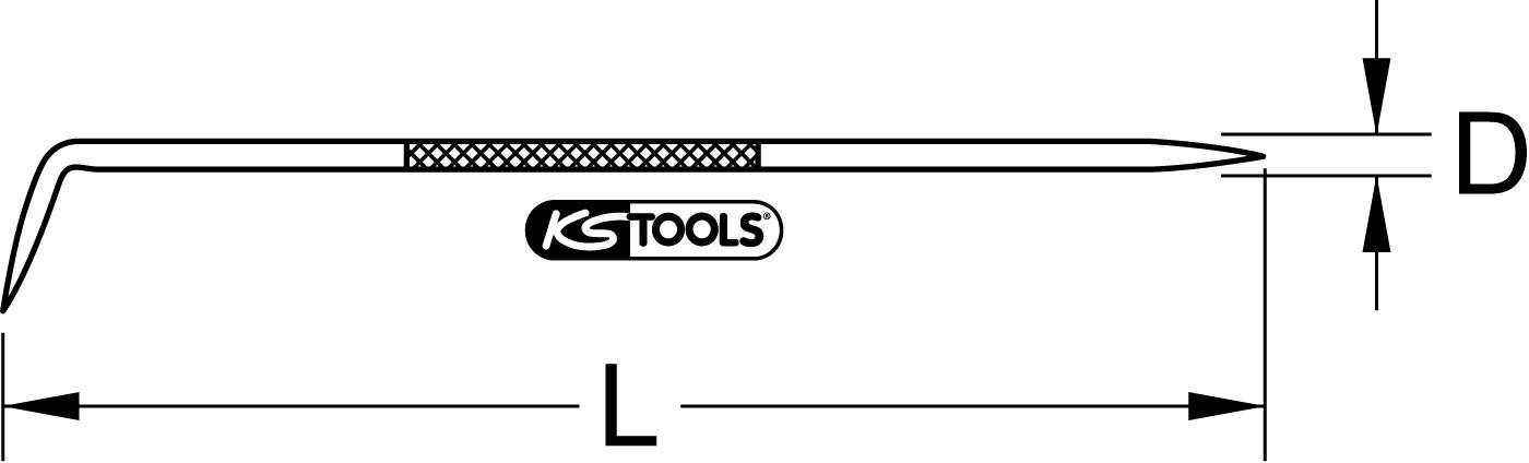Disegno di una chiave a uncino con i contrassegni 'L' per la lunghezza e 'D' per il diametro. Il nome 'KS TOOLS' è impresso sul manico.