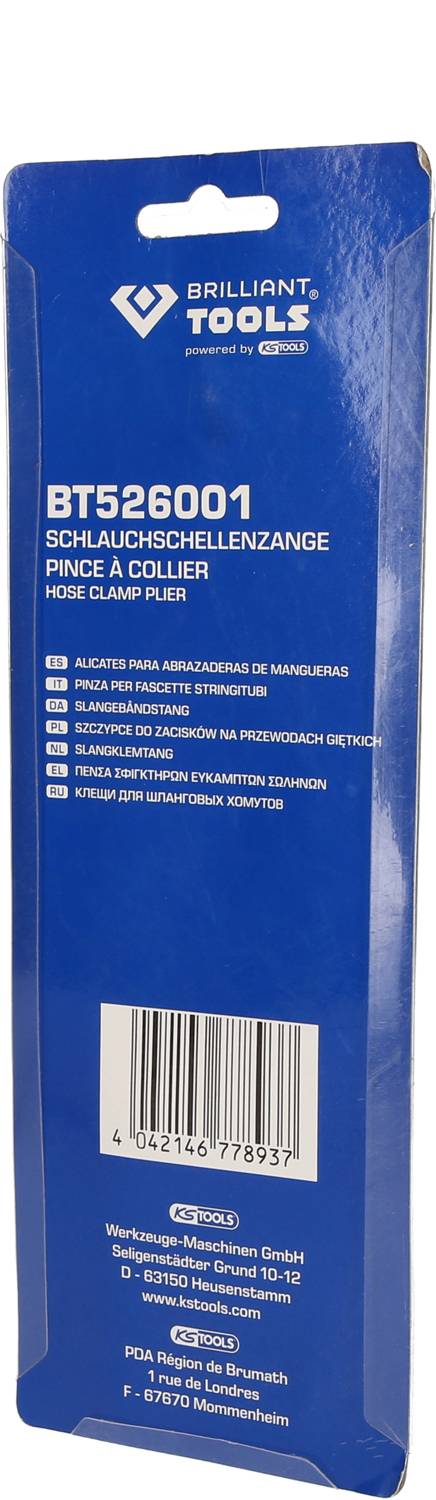 Confezione di una pinza per fascette di Brilliant Tools. Blu con testo bianco, numero modello BT526001 e codice a barre.