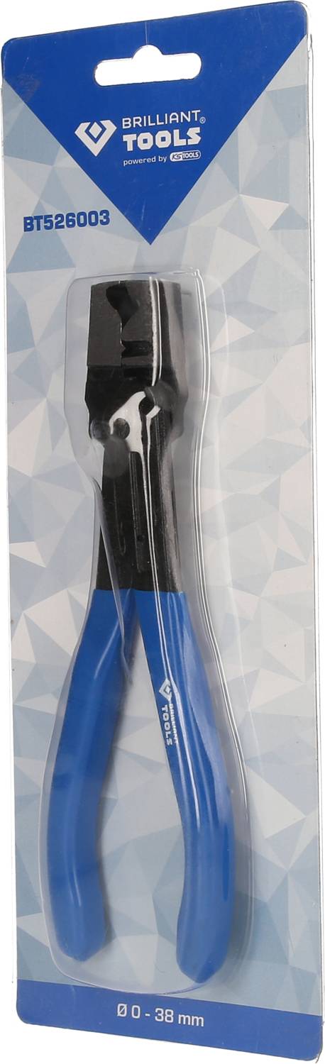 Una pinza con impugnature blu in una confezione di 'Brilliant Tools', numero prodotto BT526003. Adatta per 0-38 mm.
