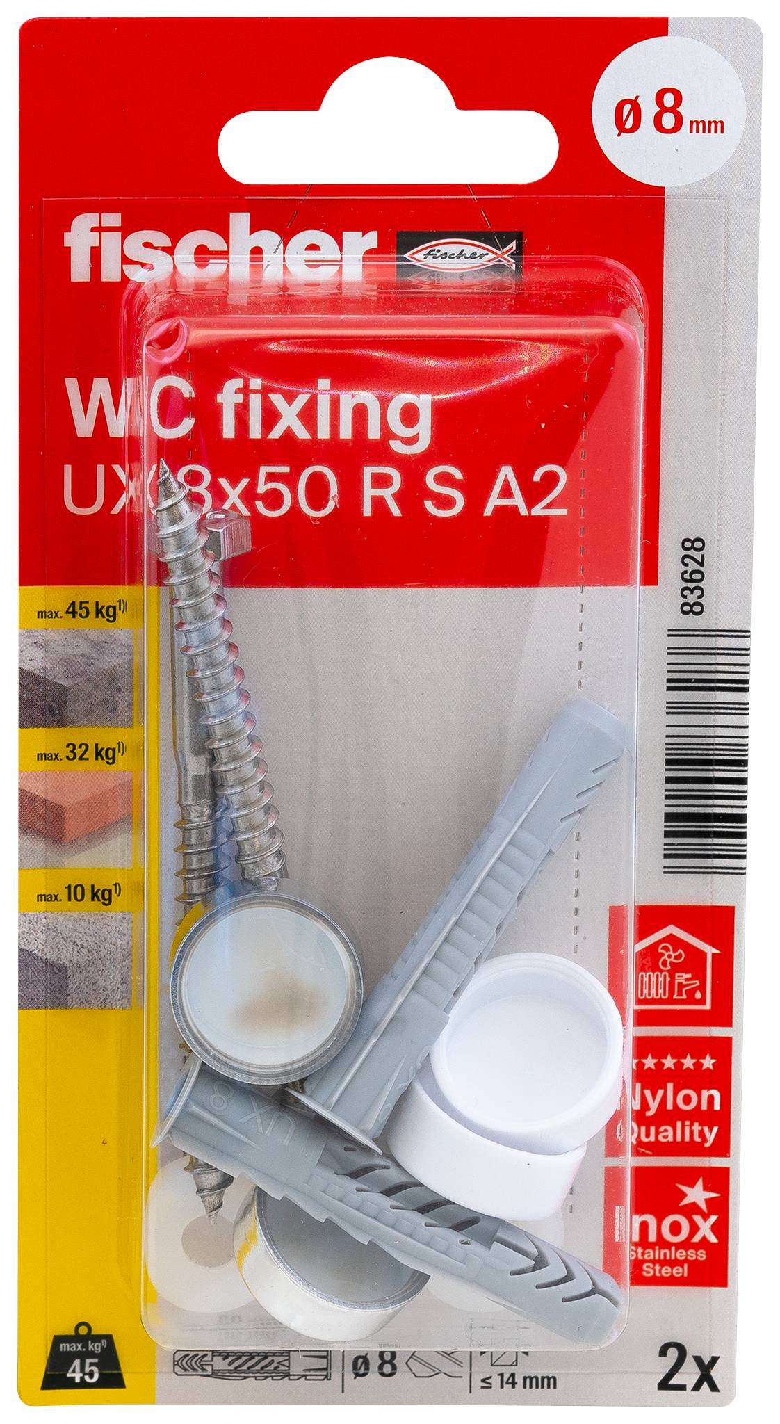 Confezione di ferramenta di fissaggio WC fischer, che mostra 2 tasselli in nylon per muro, 2 viti in acciaio inossidabile e una misura di trapano di 8 mm per il montaggio del water.
