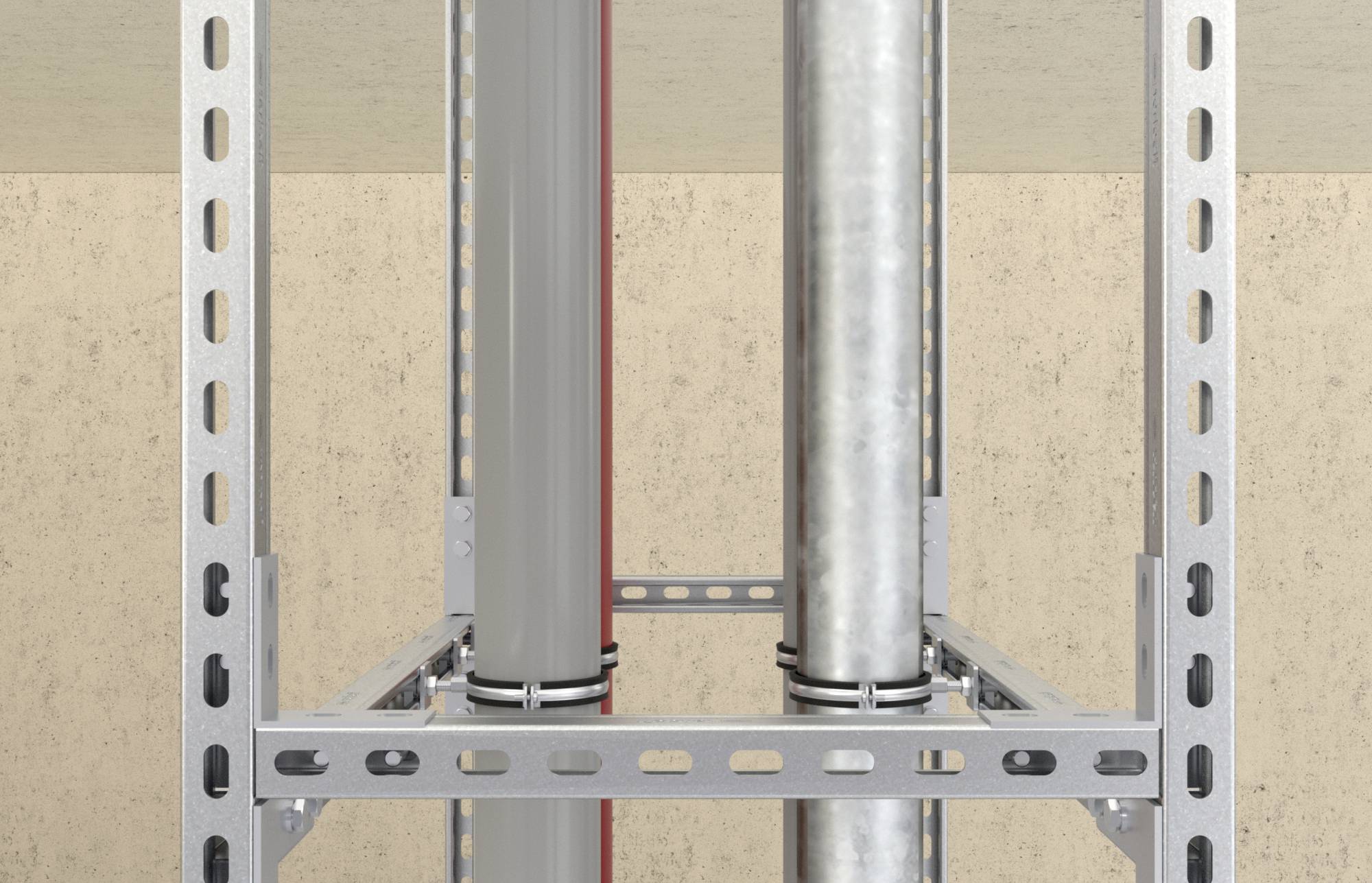 Due tubi verticali fissati tra profili metallici su una parete. Uno è grigio e l'altro metallico e lucente.