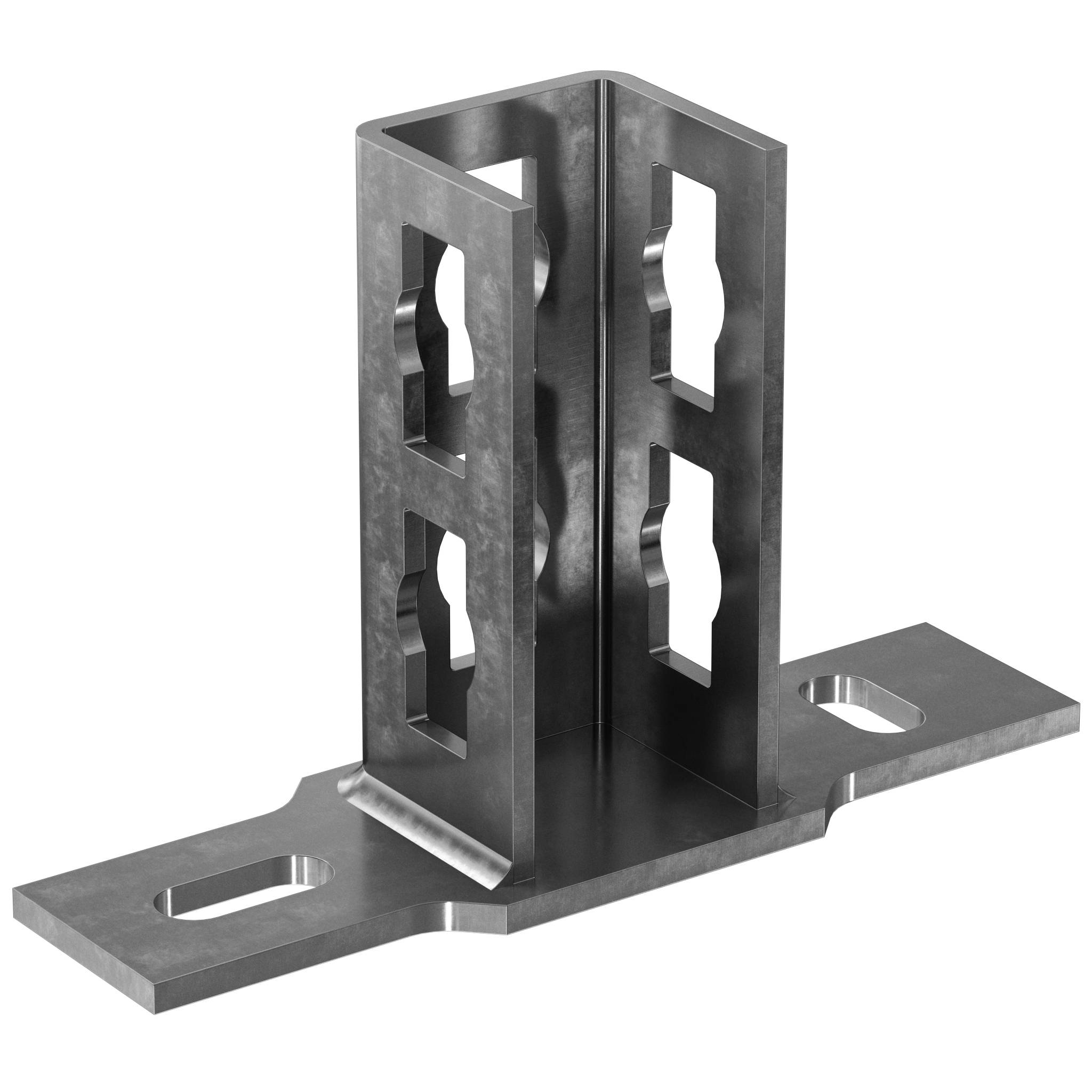 Staffa di montaggio in metallo con un palo rettangolare verticale e due linguette di base scanalate per il fissaggio a bullone su una superficie.