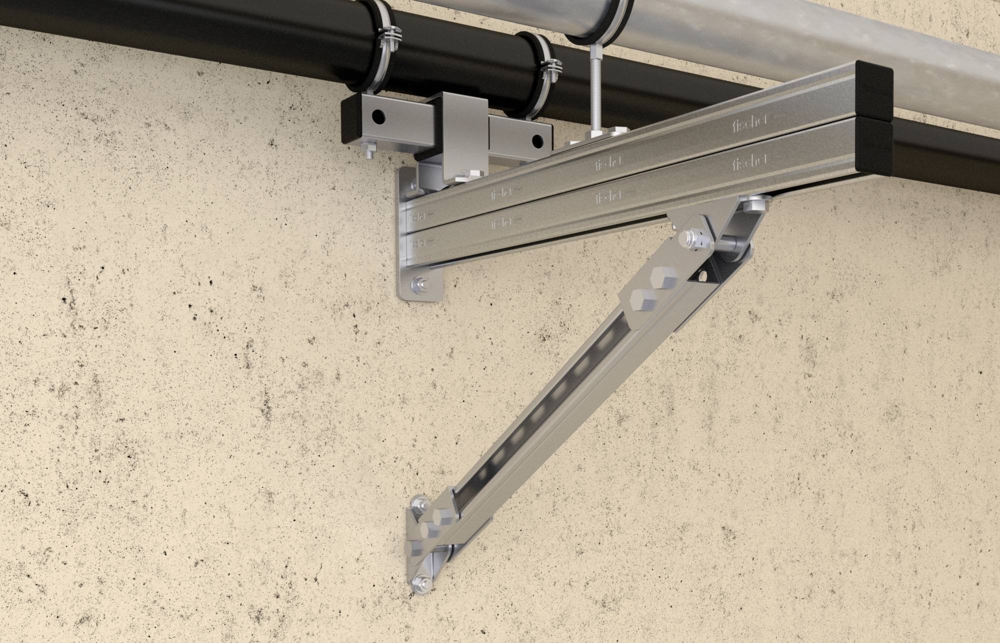 Sistema di supporto per tubi a parete, composto da guide metalliche e bulloneria. Supporta un fissaggio sicuro.