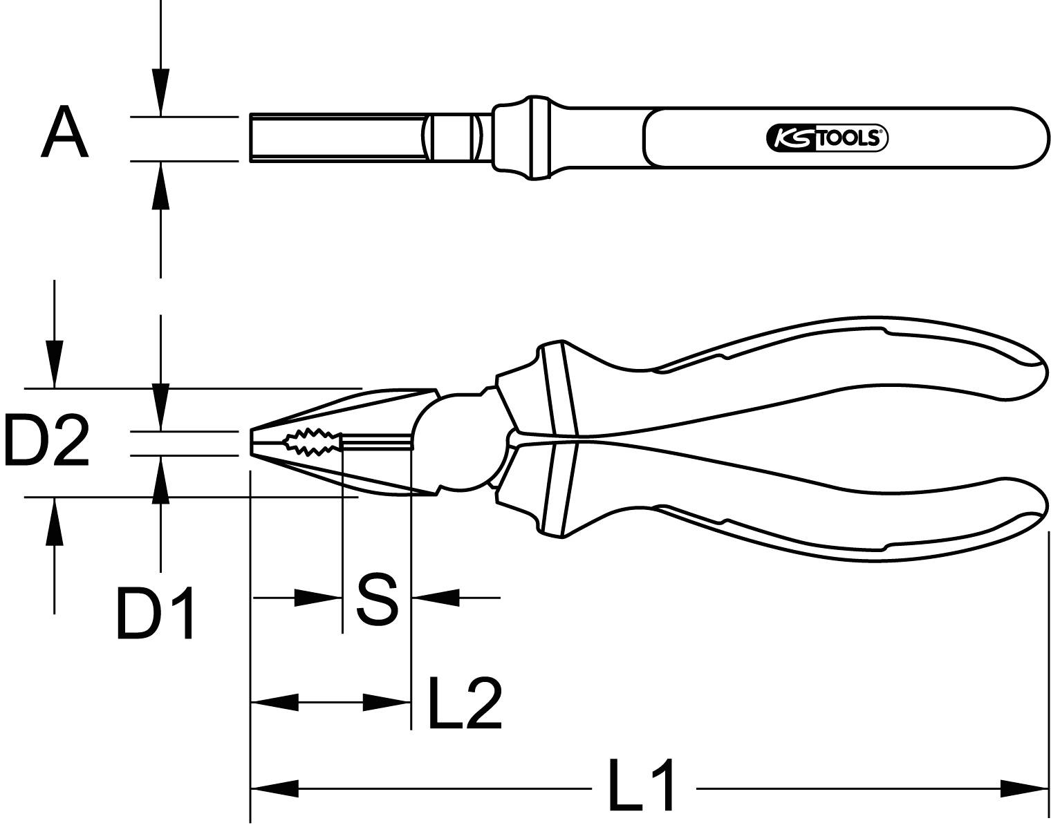 Disegno tecnico di una pinza combinata con dettagli dell'impugnatura. Contrassegni che indicano le misure: D1, D2, L1, L2, S. In alto, illustrazione di una parte dell'impugnatura.