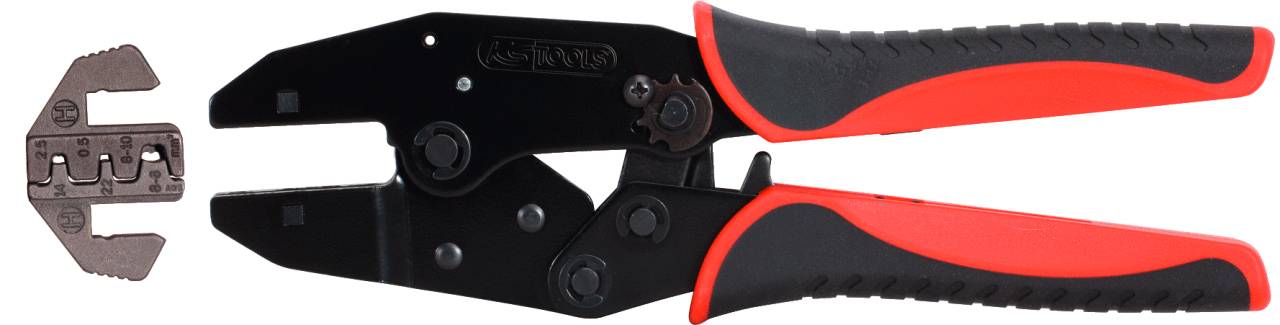 Pinza crimpatrice con impugnature rosso-nere e testa intercambiabile per lavori precisi su connessioni di cavi.