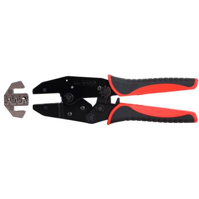 Pinza crimpatrice con impugnature rosso-nere e testa intercambiabile per lavori precisi su connessioni di cavi.