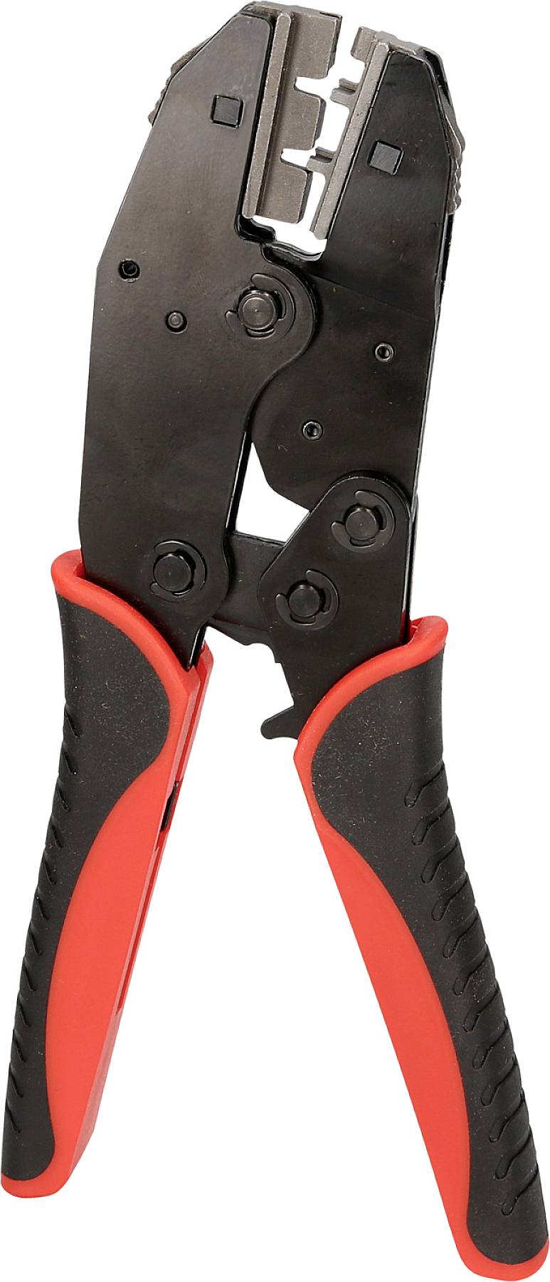Pinza crimpatrice con impugnature rosse e nere, idonea per il collegamento di cavi e connettori in applicazioni elettriche.