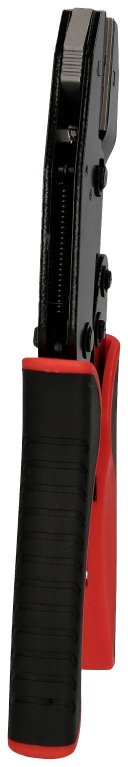 Pinza crimpatrice nera con impugnature rosse, vista laterale. Strumento per la lavorazione dei cavi, ergonomicamente progettata per un lavoro preciso.