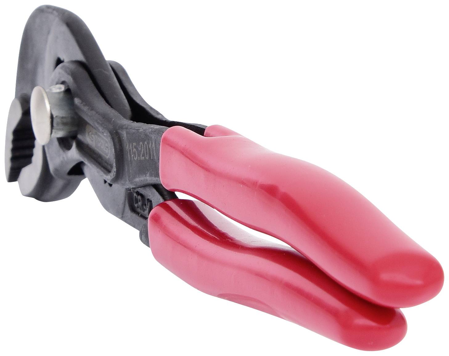 Una pinza rossa con ganasce nere che si trova su una superficie bianca. Adatta per afferrare o serrare oggetti.