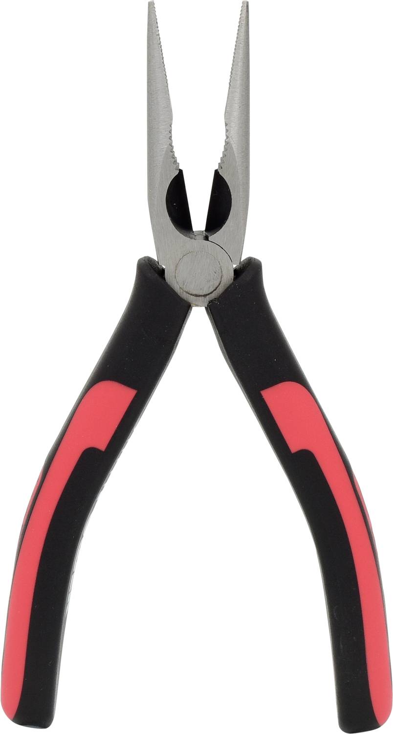 Pinza piatta con impugnature nere e rosse, idonea per afferrare e tagliare con precisione piccoli oggetti.