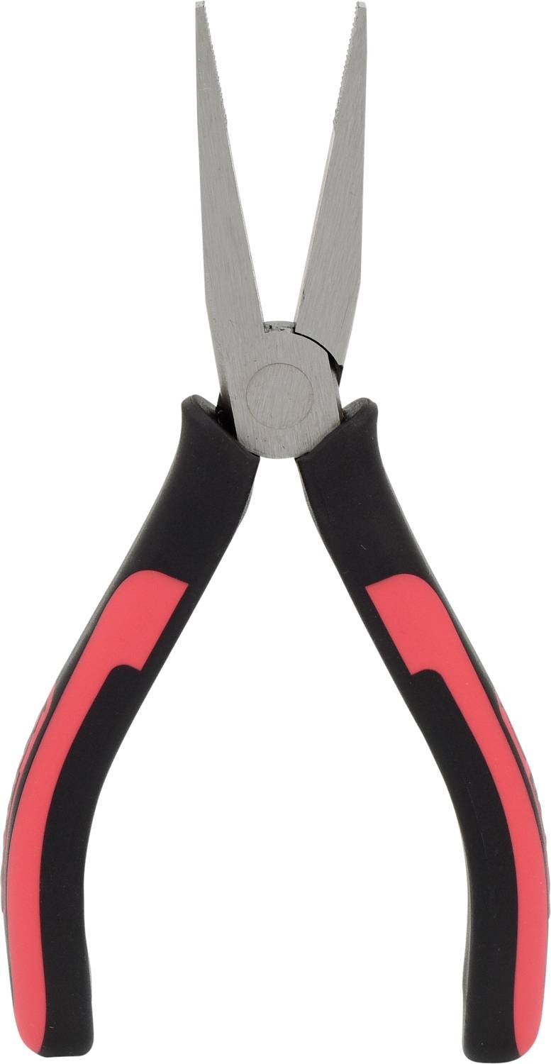Pinza a punta rossa e nera su sfondo bianco, adatta per lavori di precisione in elettronica o meccanica.