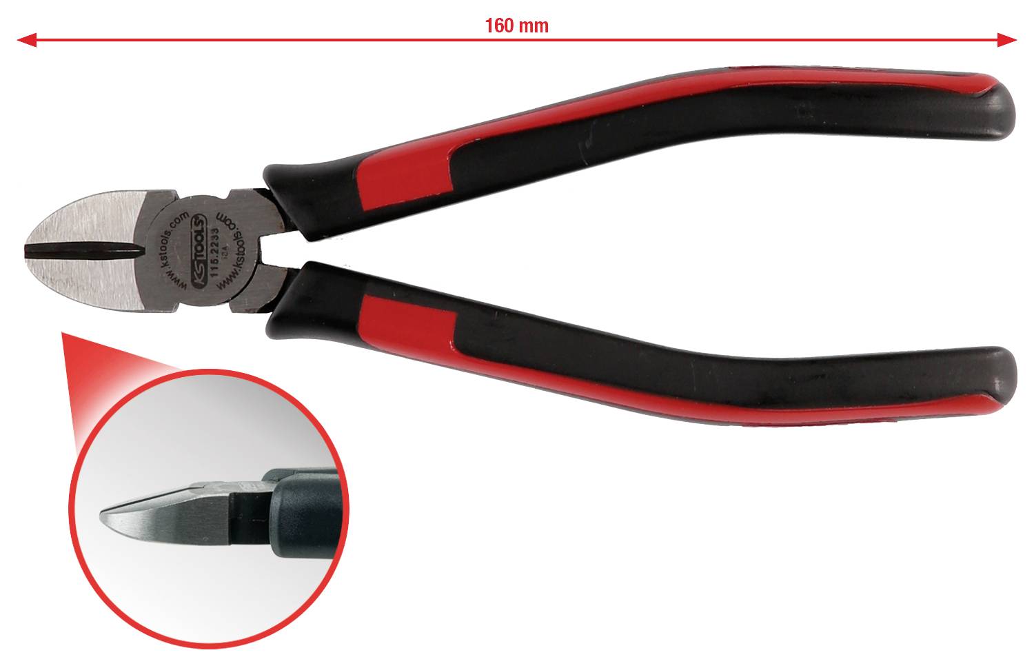 Tronchese, lunga 160 mm, con manico nero e rosso, dettaglio della lama mostrato in un cerchio.