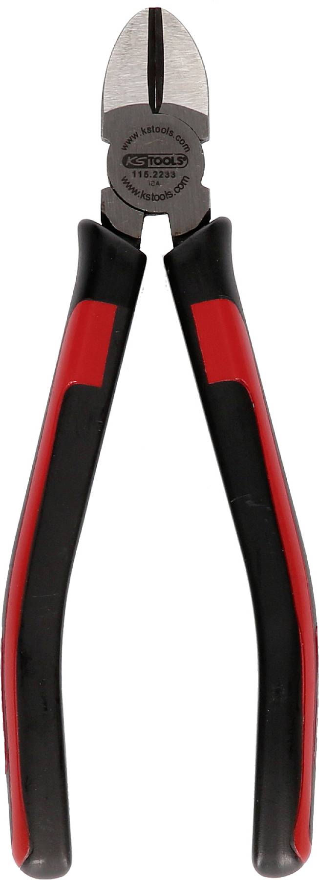 Tronchese laterale rossa e nera con lame metalliche di taglio, adatta per il taglio di fili e cavi.