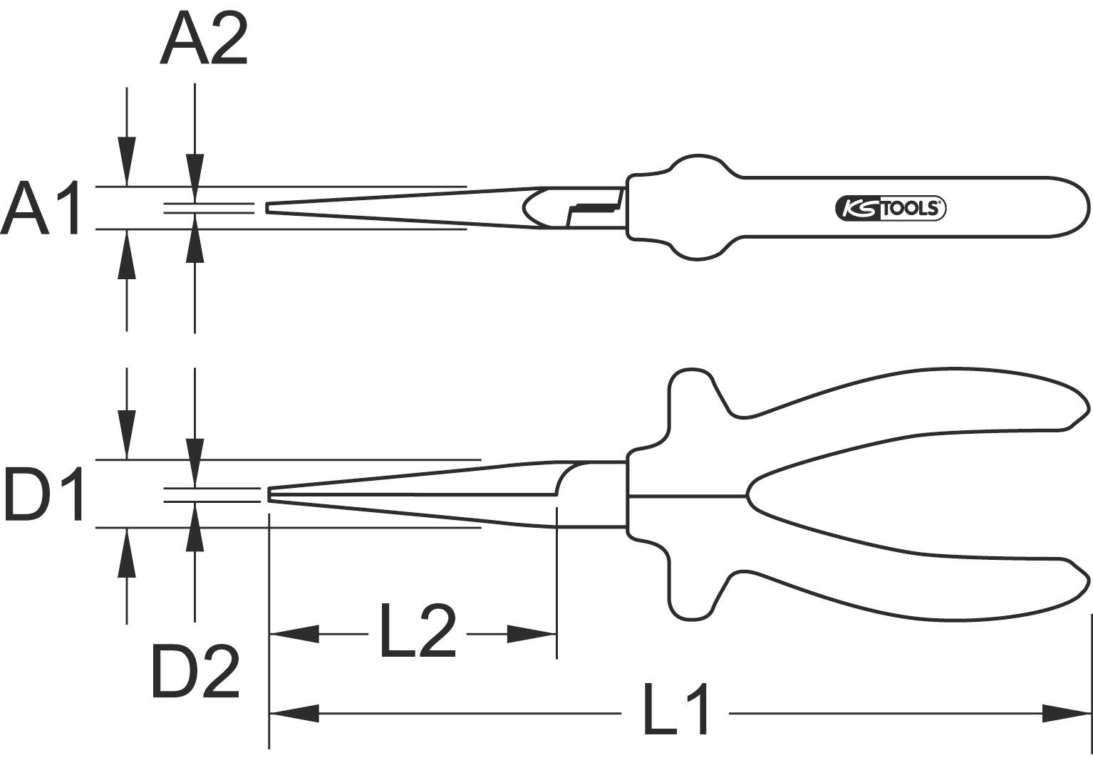 Disegno di una pinza a becchi lunghi con dimensioni: A1, A2, D1, D2, L1, L2. Impugnatura e punta della pinza sono evidenziate.