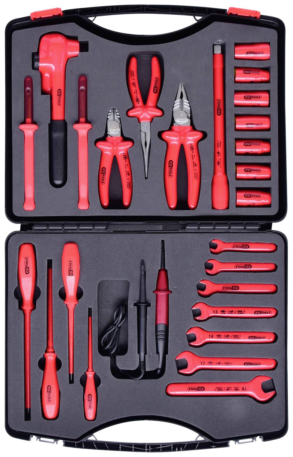 Un set di attrezzi rosso contenente cacciaviti, pinze, chiavi e tester in un custodia nera.