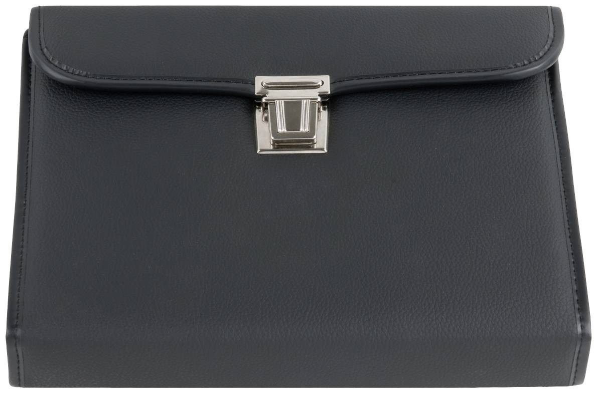 Borsa da lavoro in pelle nera con chiusura a scatto argentata su sfondo bianco.